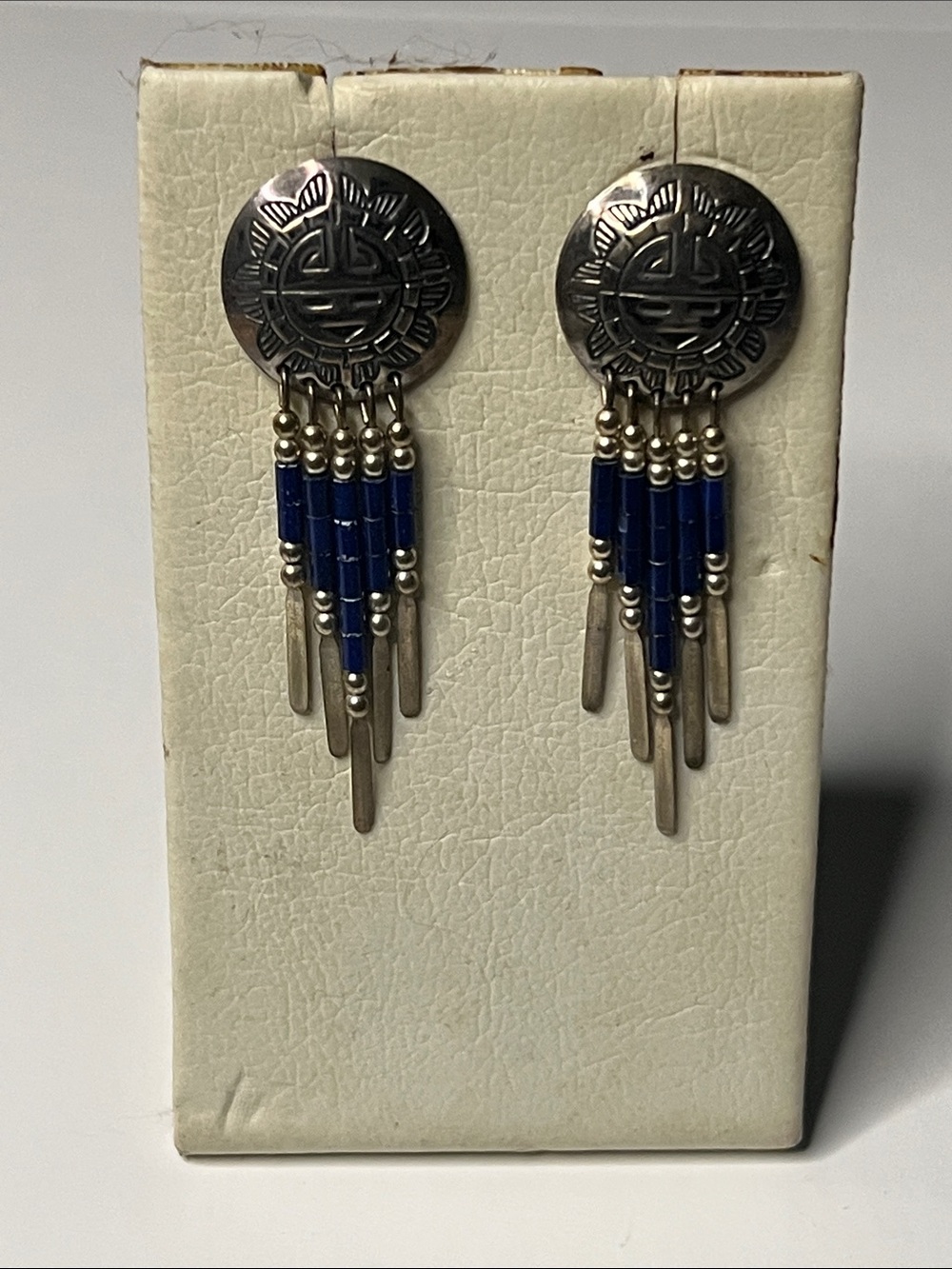 Vintage Native American Lapis Sterling Silver (tested) Fringe Drop Earrings